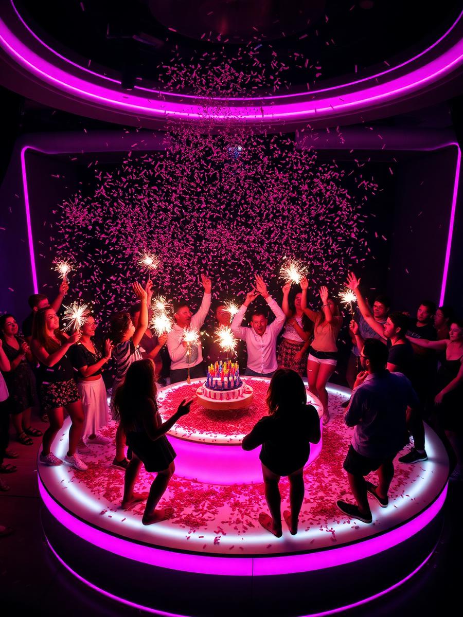 Birthday guests with sparklers around a glowing booth platform