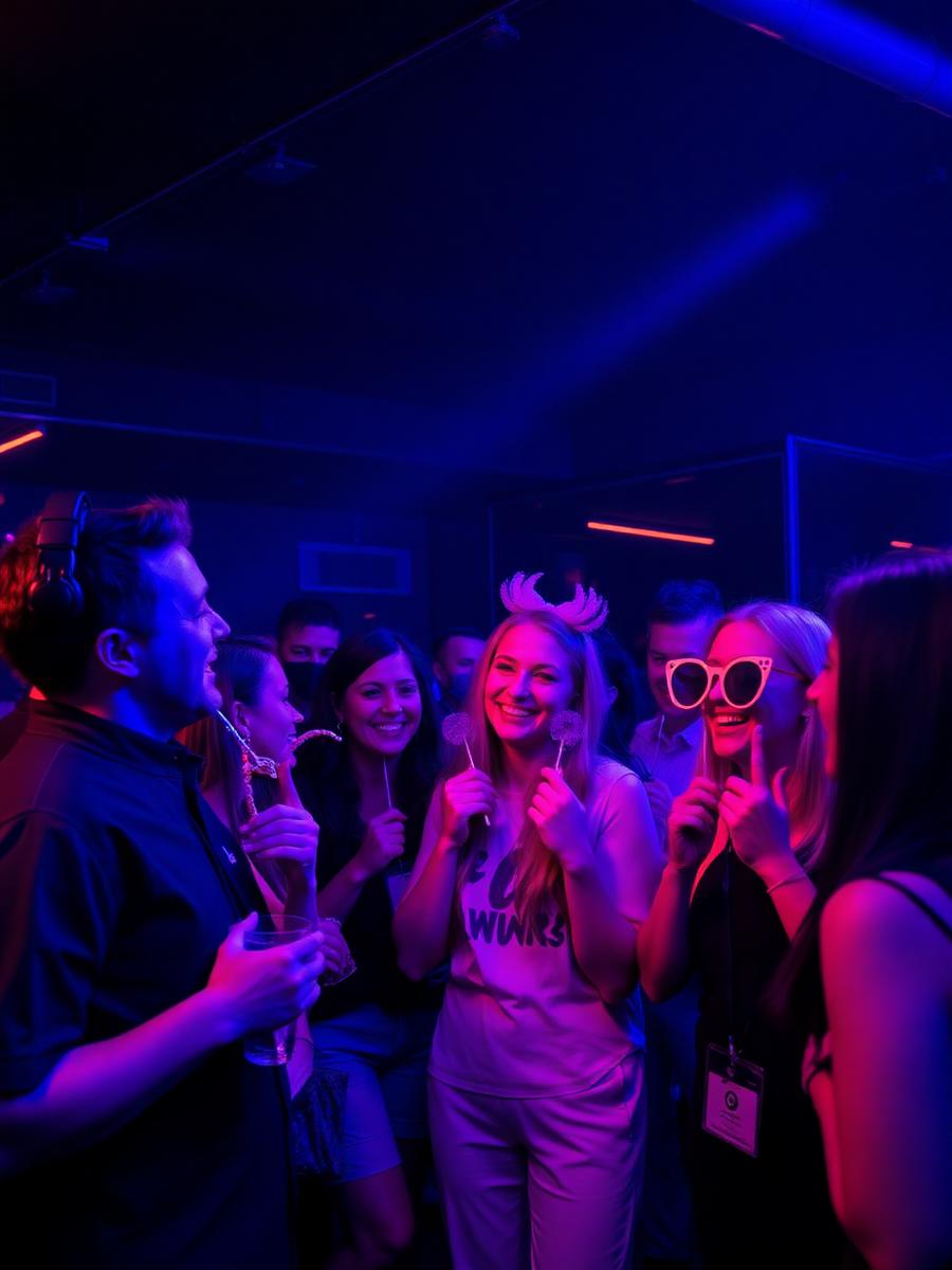 Colleagues with props at a corporate party booth