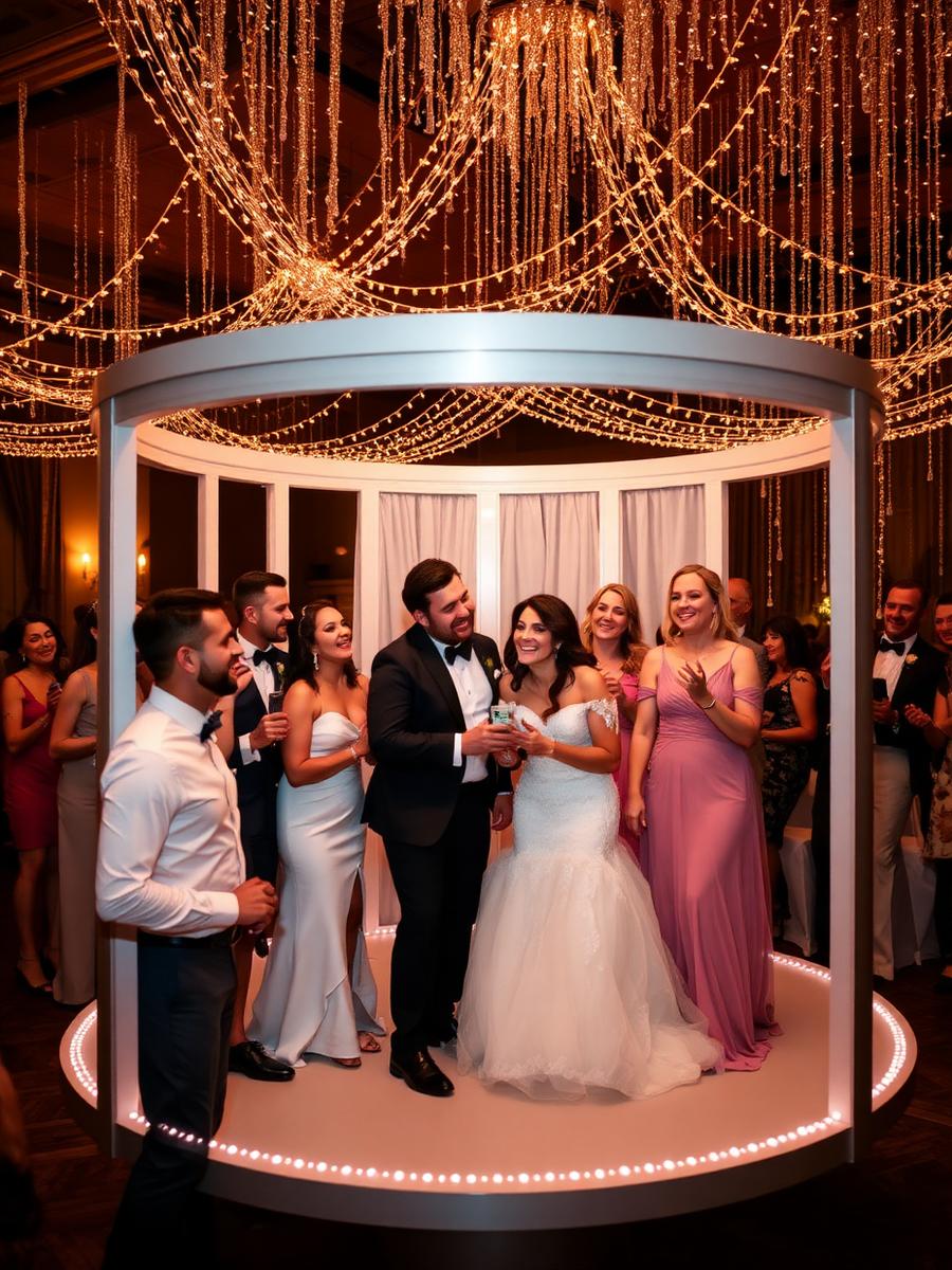 Wedding guests filming on the 360 booth under fairy lights